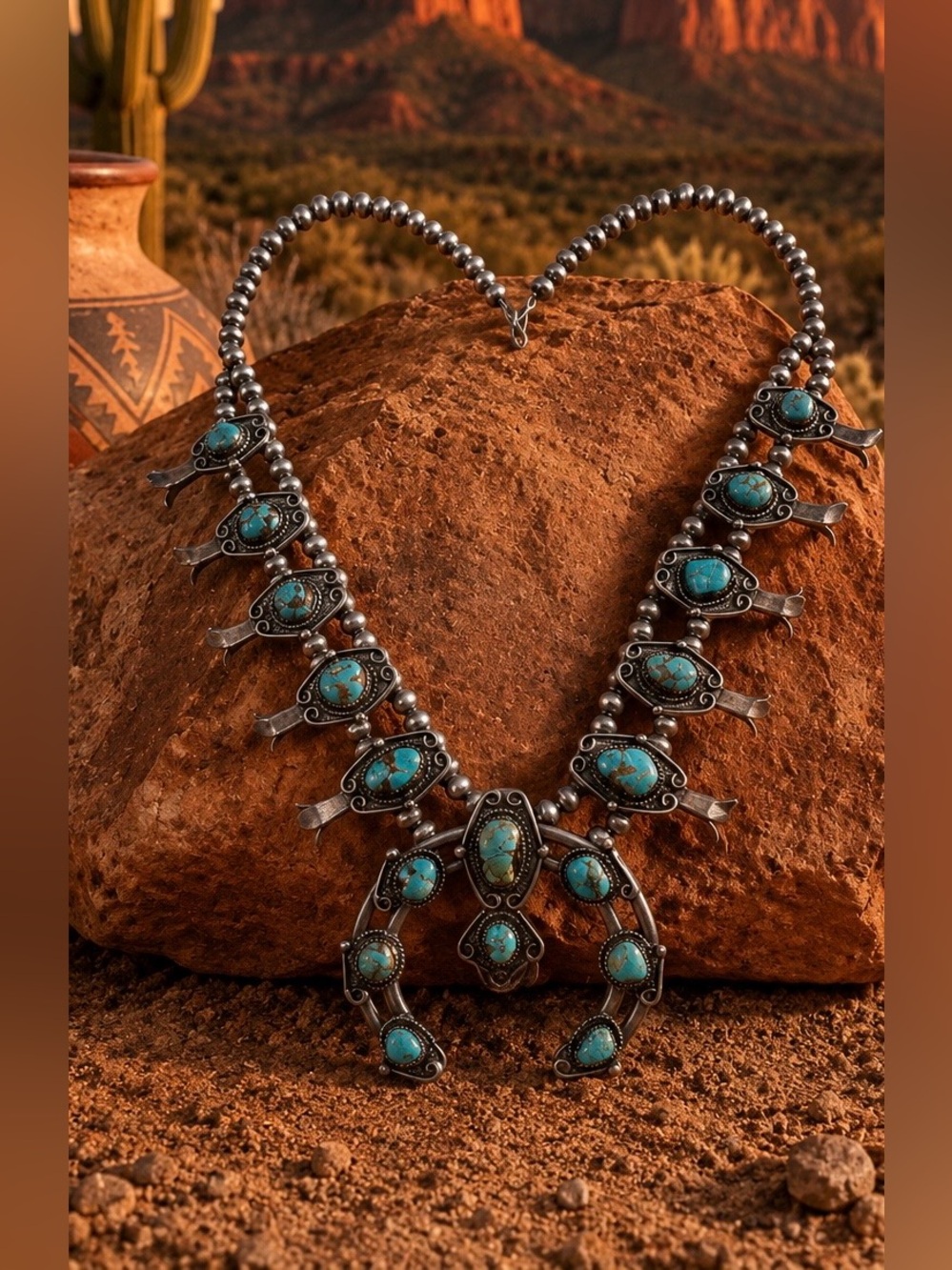 Native American 900 Silver Natural Turquoise Squash Blossom Naja Necklace - Picture 2 of 10